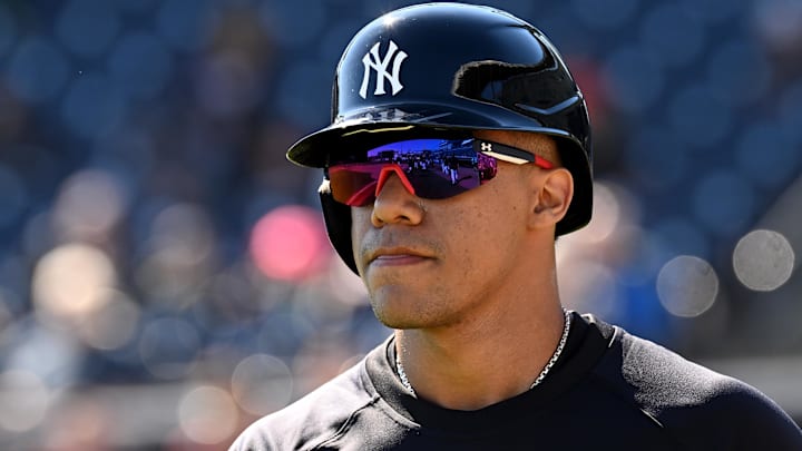 Feb 20, 2024; Tampa, FL, USA;  New York Yankees outfielder Juan Soto (22) walks off the field after