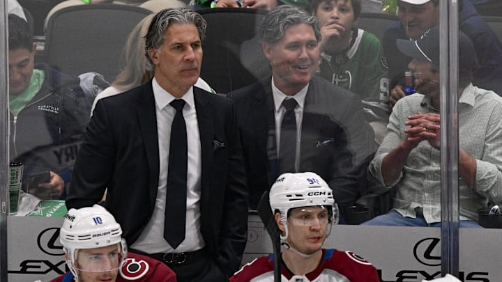 May 3, 2025; Dallas, Texas, USA; Colorado Avalanche head coach Jared Bednar and a fan dressed as Bednar look on during the second period against the Dallas Stars in game seven of the first round of the 2025 Stanley Cup Playoffs at American Airlines Center. Mandatory Credit: Jerome Miron-Imagn Images
