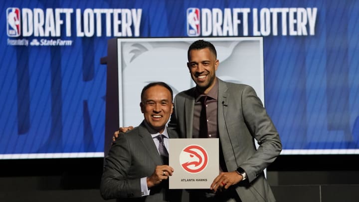 Atlanta Hawks general manager Landry Fields (right) and Mark TatumDeputy commissioner of the NBA after the Hawks get the number one pick in the 2024 NBA Draft Lottery. Atlanta Hawks general manager Landry Fields (right) and Mark TatumDeputy commissioner of the NBA after the Hawks get the number one pick in the 2024 NBA Draft Lottery.