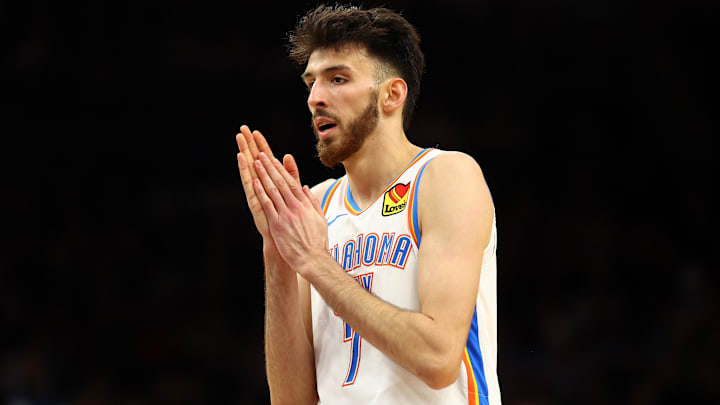 Apr 9, 2025; Phoenix, Arizona, USA; Oklahoma City Thunder forward Chet Holmgren (7) reacts against the Phoenix Suns during the first half at Footprint Center. Mandatory Credit: Mark J. Rebilas-Imagn Images