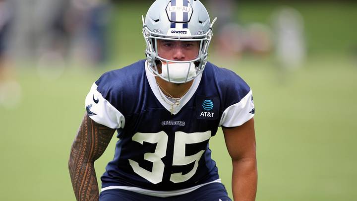 Dallas Cowboys linebacker Marist Liufau goes through drills during practice at the Ford Center at the Star Training Facility. Dallas Cowboys linebacker Marist Liufau goes through drills during practice at the Ford Center at the Star Training Facility.
