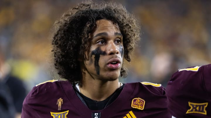 Nov 28, 2025; Tempe, Arizona, USA; Arizona State Sun Devils wide receiver Jordyn Tyson (0) against the Arizona Wildcats during the 99th Territorial Cup at Mountain America Stadium. Mandatory Credit: Mark J. Rebilas-Imagn Images