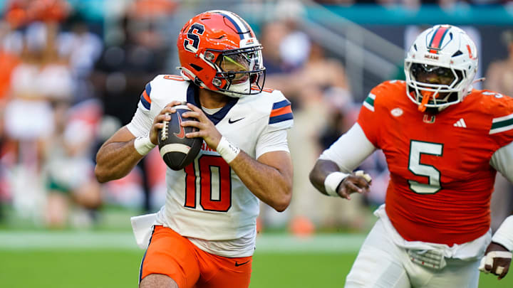 Nov 8, 2025; Miami Gardens, Florida, USA; Syracuse Orange quarterback Rickie Collins (10) looks to pass against the Miami Hurricanes during the first quarter at Hard Rock Stadium. Mandatory Credit: Jeff Romance-Imagn Images