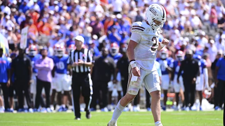 Sep 21, 2024; Starkville, Mississippi, USA; Mississippi State Bulldogs quarterback Blake Shapen (2) walks off the field after a turnover against the Florida Gators during the third quarter at Davis Wade Stadium at Scott Field. Mandatory Credit: Matt Bush-Imagn Images