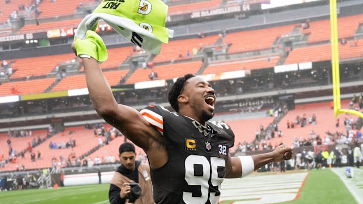 Cleveland Browns defensive end Myles Garrett celebrates after the Browns beat the Cincinnati Bengals at Cleveland Browns Stadium. Cleveland Browns defensive end Myles Garrett celebrates after the Browns beat the Cincinnati Bengals at Cleveland Browns Stadium.