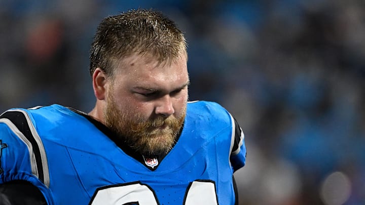Carolina Panthers center Cade Mays (64) on the sidelines in the fourth quarter Carolina Panthers center Cade Mays (64) on the sidelines in the fourth quarter