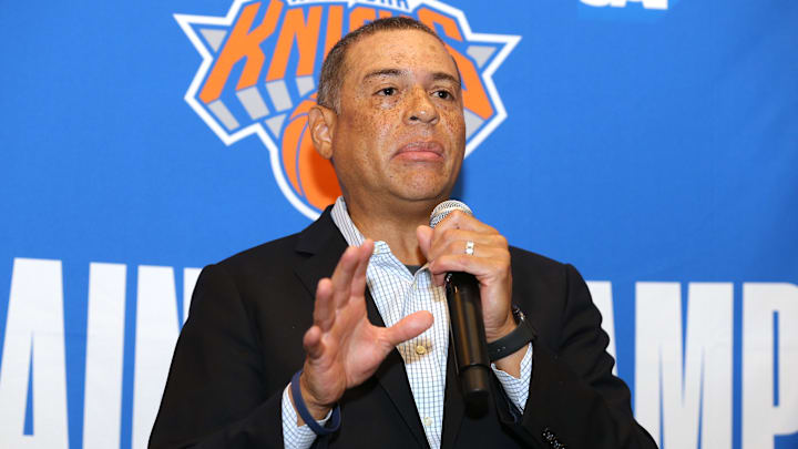 Sep 30, 2019; New York, NY, USA; New York Knicks general manager Scott Perry speaks to the media during media day at the MSG training center in Greenburgh, NY. Mandatory Credit: Brad Penner-Imagn Images