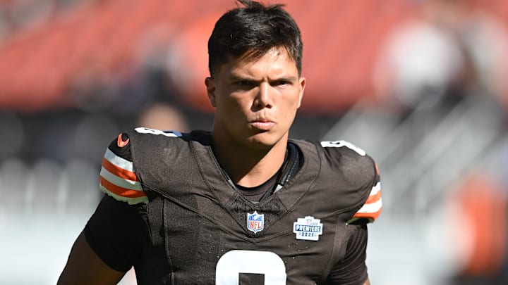 Cleveland Browns quarterback Dillon Gabriel (8) at Huntington Bank Field. Cleveland Browns quarterback Dillon Gabriel (8) at Huntington Bank Field.