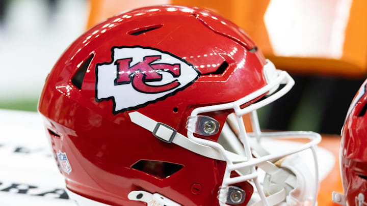 Detailed view of a Kansas City Chiefs helmet in Super Bowl LIX at Ceasars Superdome