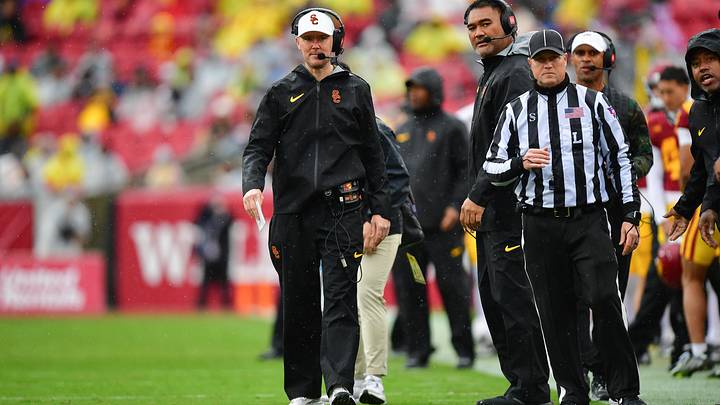 USC Trojans head coach Lincoln Riley watches game action against the Iowa Hawkeyes USC Trojans head coach Lincoln Riley watches game action against the Iowa Hawkeyes