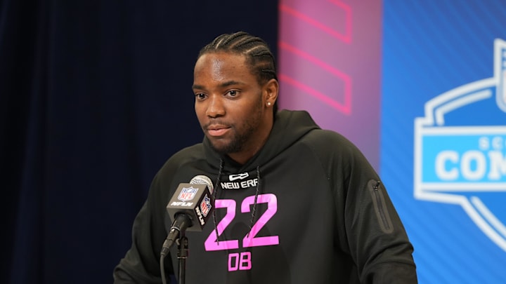 Notre Dame defensive back Benjamin Morrison speaks to the media at the 2025 NFL combine. Notre Dame defensive back Benjamin Morrison speaks to the media at the 2025 NFL combine.