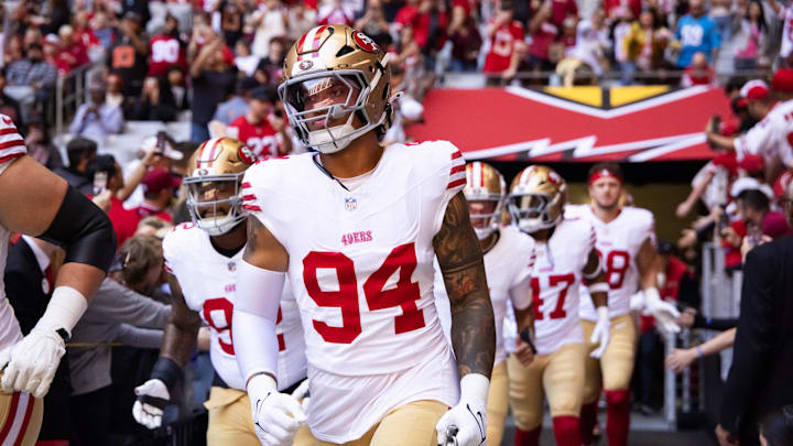 Jan 5, 2025; Glendale, Arizona, USA; San Francisco 49ers defensive end Yetur Gross-Matos (94) against the Arizona Cardinals at State Farm Stadium. Mandatory Credit: Mark J. Rebilas-Imagn Images