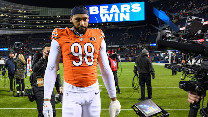 Nov 9, 2023; Chicago, Illinois, USA; Chicago Bears defensive end Montez Sweat (98) walks off the field after a game against the Carolina Panthers at Soldier Field. Mandatory Credit: Daniel Bartel-Imagn Images