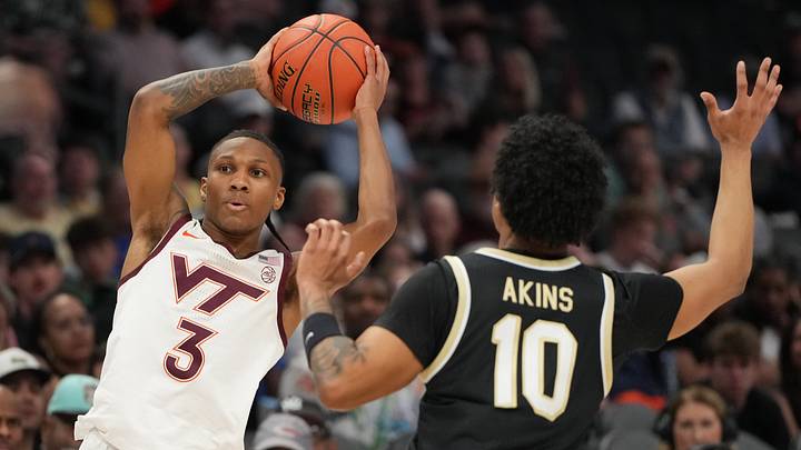 Mar 10, 2026; Charlotte, NC, USA; Virginia Tech guard Ben Hammond (3) with the ball as Wake Forest guard Sebastian Akins (10) defends. Mar 10, 2026; Charlotte, NC, USA; Virginia Tech guard Ben Hammond (3) with the ball as Wake Forest guard Sebastian Akins (10) defends.