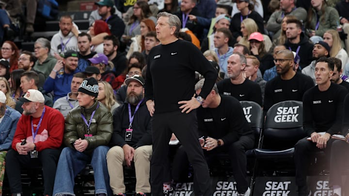 Minnesota Timberwolves head coach Chris Finch watches from the sidelines during the second quarter against the Utah Jazz at Delta Center in Salt Lake City on Jan. 30, 2025.