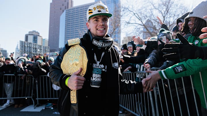 Feb 14, 2025; Philadelphia, PA, USA; Philadelphia Eagles cornerback Cooper DeJean (33) celebrates during the Super Bowl LIX championship parade and rally. Mandatory Credit: Caean Couto-Imagn Images