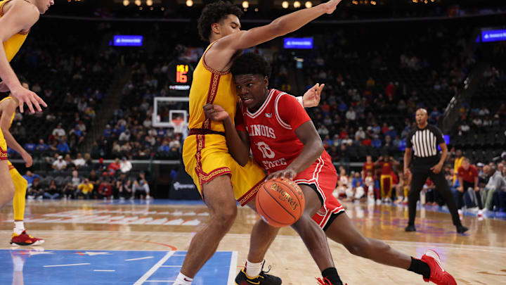 Nov 14, 2025; Inglewood, California, USA; Illinois State Redbirds guard Ty'Reek Coleman (10) drives to the basket against Southern California Trojans guard Rodney Rice (1) during the second half of the Hall of Fame Series game at Intuit Dome. Mandatory Credit: Kiyoshi Mio-Imagn Images