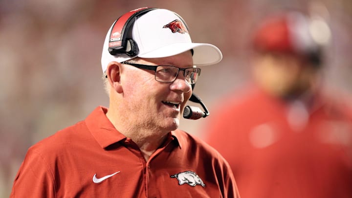 Aug 29, 2024; Little Rock, Arkansas, USA; Arkansas Razorbacks offensive coordinator Bobby Petrino during the second half against the Pine Bluff Golden Lions at War Memorial Stadium. Arkansas won 70-0. Mandatory Credit: Nelson Chenault-Imagn Images