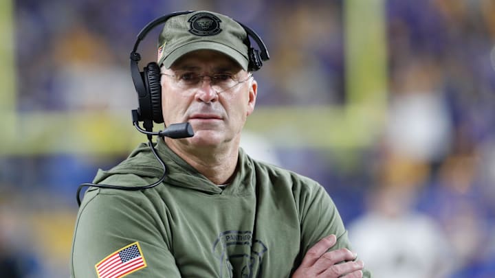 Nov 16, 2023; Pittsburgh, Pennsylvania, USA; Pittsburgh Panthers head coach Pat Narduzzi on the sidelines against the Boston College Eagles at Acrisure Stadium. Mandatory Credit: Charles LeClaire-Imagn Images Nov 16, 2023; Pittsburgh, Pennsylvania, USA; Pittsburgh Panthers head coach Pat Narduzzi on the sidelines against the Boston College Eagles at Acrisure Stadium. Mandatory Credit: Charles LeClaire-Imagn Images