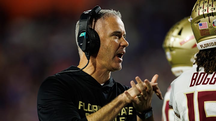 Nov 29, 2025; Gainesville, Florida, USA; Florida State Seminoles head coach Mike Norvell gestures against the Florida Gators during the second half at Ben Hill Griffin Stadium. Mandatory Credit: Matt Pendleton-Imagn Images Nov 29, 2025; Gainesville, Florida, USA; Florida State Seminoles head coach Mike Norvell gestures against the Florida Gators during the second half at Ben Hill Griffin Stadium. Mandatory Credit: Matt Pendleton-Imagn Images
