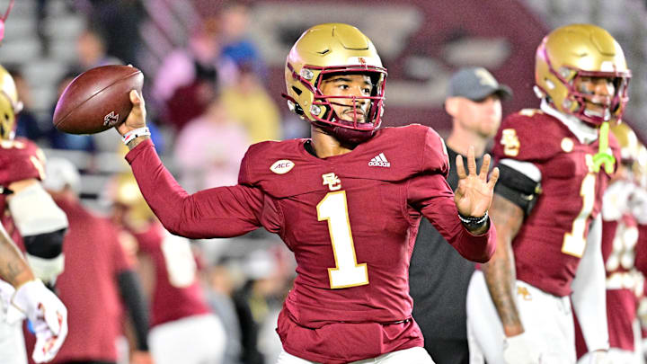 Oct 25, 2024; Chestnut Hill, Massachusetts, USA; Boston College Eagles quarterback Thomas Castellanos (1) warms up before a game against the Louisville Cardinals at Alumni Stadium. Mandatory Credit: Eric Canha-Imagn Images
