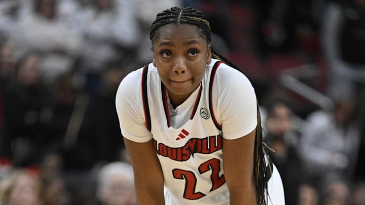 Dec 4, 2025; Louisville, Kentucky, USA; Louisville Cardinals guard Tajianna Roberts (22) watches during the closing seconds of the second half against the South Carolina Gamecocks at KFC Yum! Center. South Carolina defeated Louisville 79-77. Mandatory Credit: Jamie Rhodes-Imagn Images