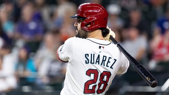 Jul 22, 2025; Phoenix, Arizona, USA; Arizona Diamondbacks designated hitter Eugenio Suarez in the first inning against the Houston Astros at Chase Field. Mandatory Credit: Mark J. Rebilas-Imagn Images
Jul 22, 2025; Phoenix, Arizona, USA; Arizona Diamondbacks designated hitter Eugenio Suarez in the first inning against the Houston Astros at Chase Field. Mandatory Credit: Mark J. Rebilas-Imagn Images