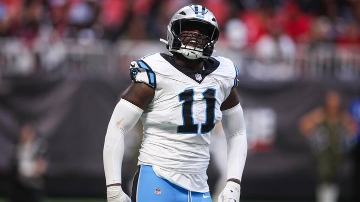 Carolina Panthers outside linebacker Nic Scourton (11) reacts after a play Carolina Panthers outside linebacker Nic Scourton (11) reacts after a play