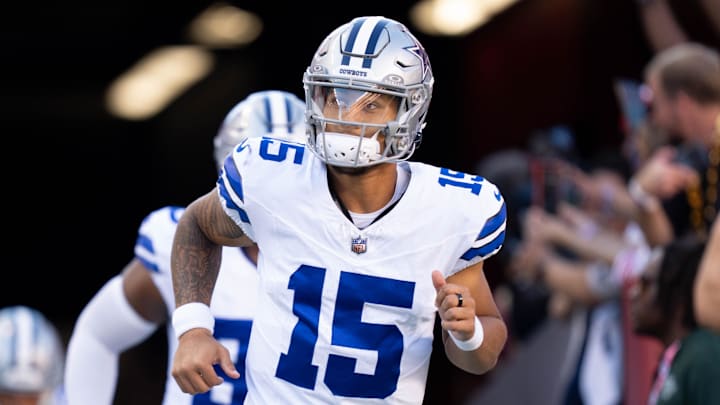 October 8, 2023; Santa Clara, California, USA; Dallas Cowboys quarterback Trey Lance (15) before the game against the San Francisco 49ers at Levi's Stadium.