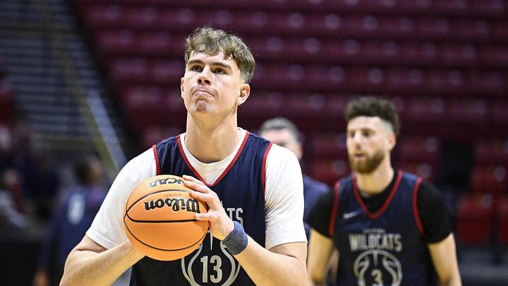 Mar 19, 2026; San Diego, CA, USA; Arizona Wildcats center Motiejus Krivas (13) practices during a practice session ahead of the first round of the men's 2026 NCAA Tournament at Viejas Arena. Mandatory Credit: Denis Poroy-Imagn Images