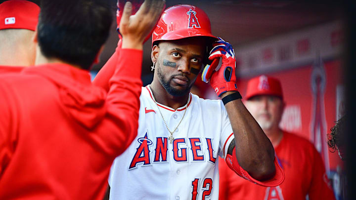 May 5, 2026; Anaheim, California, USA; Los Angeles Angels designated hitter Jorge Soler (12) is greeted after hitting a solo home run against the Chicago White Sox during the first inning at Angel Stadium. Mandatory Credit: Gary A. Vasquez-Imagn Images