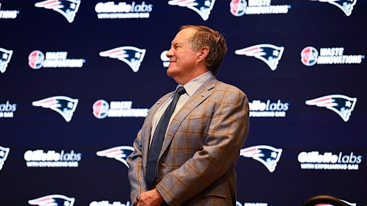 Jan 11, 2024; Foxborough, MA, USA; New England Patriots former head coach Bill Belichick looks on duringa press conference at Gillette Stadium to announce Belichick's exit from the team. Mandatory Credit: Eric Canha-Imagn Images
