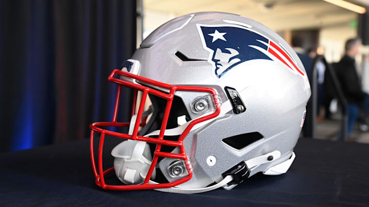 Jan 17, 2024; Foxborough, MA, USA; A New England Patriots helmet sits on a table at Gillette Stadium. Mandatory Credit: Eric Canha-Imagn Images