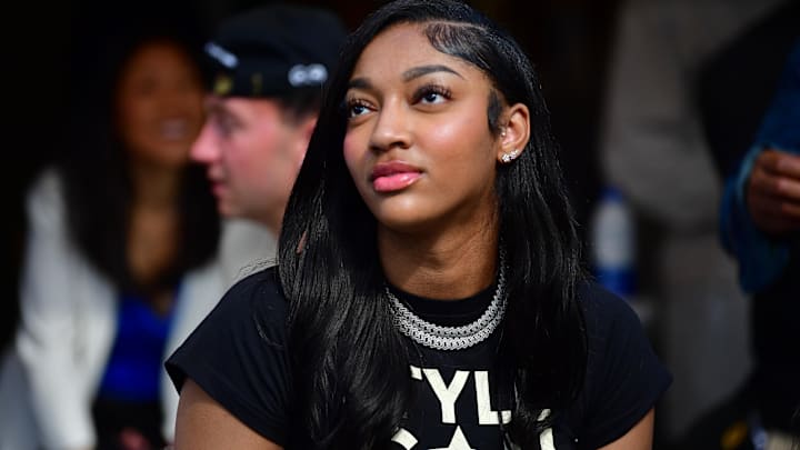 WNBA basketball player Angel Reese attends the game between the Los Angeles Rams and San Francisco 49ers at SoFi Stadium.