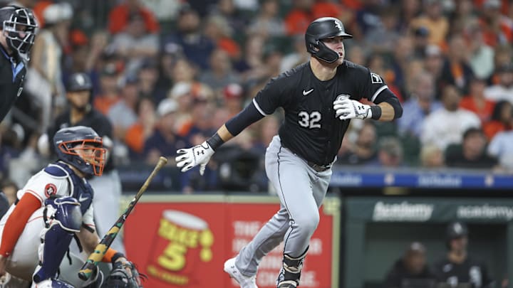 Aug 17, 2024; Houston, Texas, USA; Chicago White Sox designated hitter Gavin Sheets (32) hits a single during the fourth inning against the Houston Astros at Minute Maid Park. Aug 17, 2024; Houston, Texas, USA; Chicago White Sox designated hitter Gavin Sheets (32) hits a single during the fourth inning against the Houston Astros at Minute Maid Park.