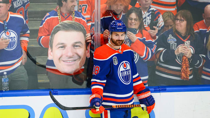 Edmonton Oilers left wing Zach Hyman (18) during the warmup period against the Florida Panthers in game four.