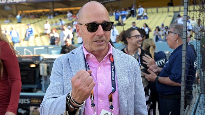 Oct 25, 2024; Los Angeles, California, USA; New York Yankees general manager Brian Cashman before game one against the Los Angeles Dodgers the 2024 MLB World Series at Dodger Stadium. Mandatory Credit: Jayne Kamin-Oncea-Imagn Images