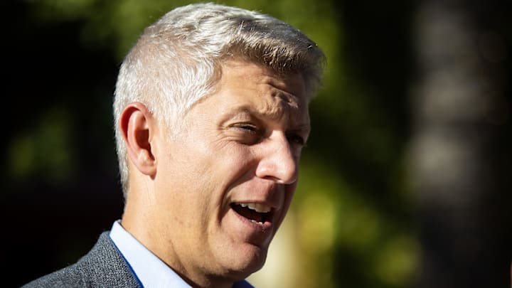 Nov 7, 2023; Scottsdale, AZ, USA; Baltimore Orioles general manager Mike Elias speaks to the media during the MLB General Manager's Meetings at Omni Scottsdale Resort & Spa