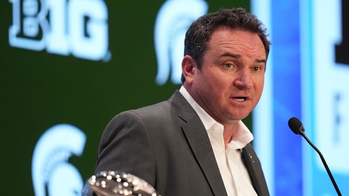Jul 24, 2025; Las Vegas, NV, USA; Michigan State head coach Jonathan Smith speaks to the media during the Big Ten NCAA college football media days at Mandalay Bay Resort. Mandatory Credit: Lucas Peltier-Imagn Images