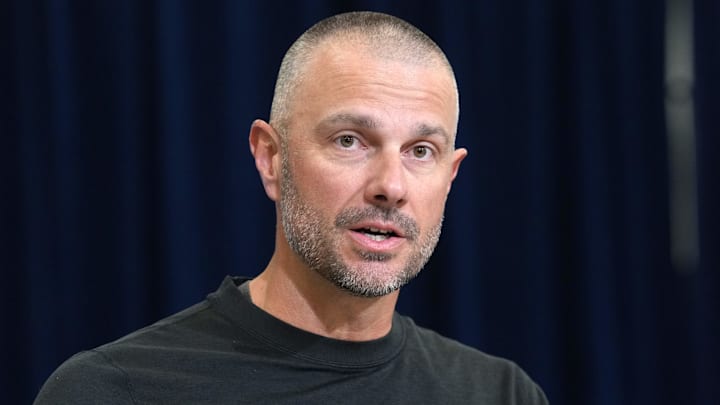 Feb 24, 2026; Indianapolis, IN, USA; Las Vegas Raiders general manager John Spytek speaks at the NFL Scouting Combine at the Indiana Convention Center. Mandatory Credit: Kirby Lee-Imagn Images