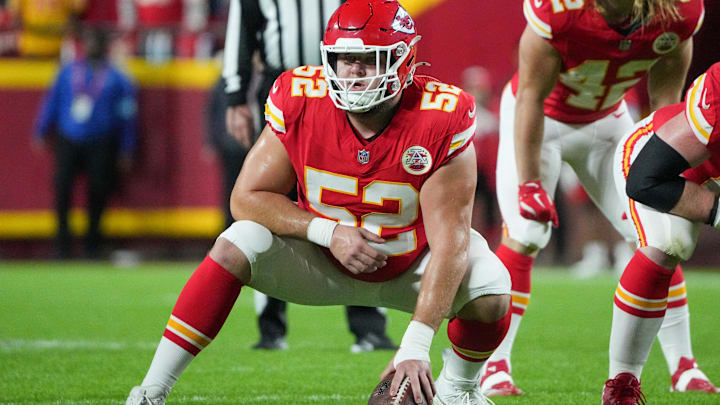 Nov 4, 2024; Kansas City, Missouri, USA; Kansas City Chiefs center Creed Humphrey (52) at the line of scrimmage against the Tampa Bay Buccaneers during the game at GEHA Field at Arrowhead Stadium. Mandatory Credit: Denny Medley-Imagn Images