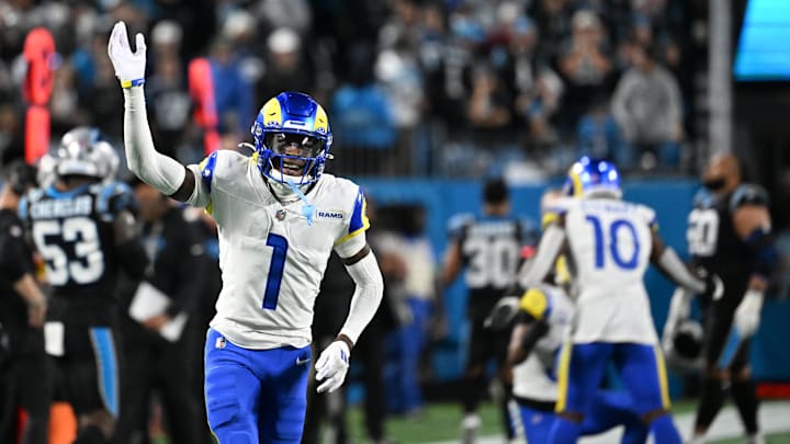 Jan 10, 2026; Charlotte, NC, USA; Los Angeles Rams cornerback Emmanuel Forbes Jr. (1) reacts in the fourth quarter in an NFC Wild Card Round game at Bank of America Stadium. Mandatory Credit: Bob Donnan-Imagn Images