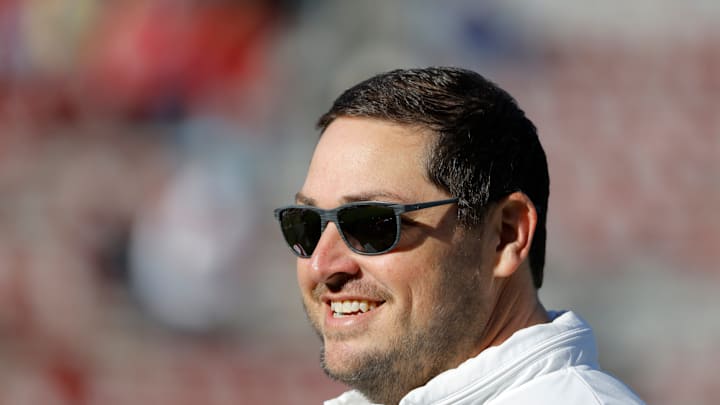 Oklahoma offensive coordinator Jeff Lebby is pictured before a college football game between the University of Oklahoma Sooners (OU) and the TCU Horned Frogs at Gaylord Family-Oklahoma Memorial Stadium in Norman, Okla., Friday, Nov. 24, 2023. Oklahoma won 69-45.