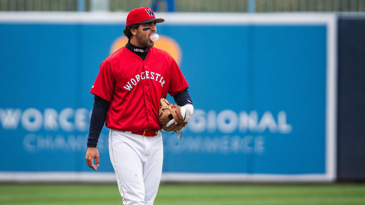 Boston Red Sox prospect Marcelo Mayer gets ready for play during a game at Polar Park on April 13, 2025. Boston Red Sox prospect Marcelo Mayer gets ready for play during a game at Polar Park on April 13, 2025.