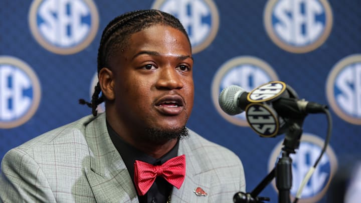 Arkansas Razorbacks linebacker Xavian Sorey Jr. answers questions from the media during the SEC Media Days at Omni Atlanta Hotel. Arkansas Razorbacks linebacker Xavian Sorey Jr. answers questions from the media during the SEC Media Days at Omni Atlanta Hotel.
