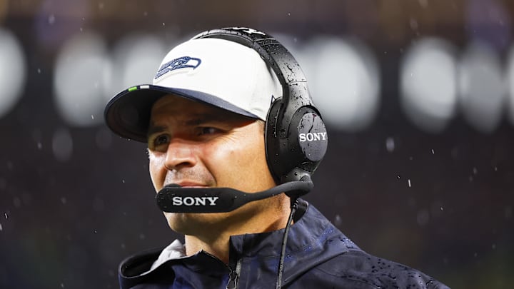 Aug 15, 2025; Seattle, Washington, USA; Seattle Seahawks head coach Mike Macdonald stands on the sideline during the fourth quarter against the Kansas City Chiefs at Lumen Field. Mandatory Credit: Joe Nicholson-Imagn Images