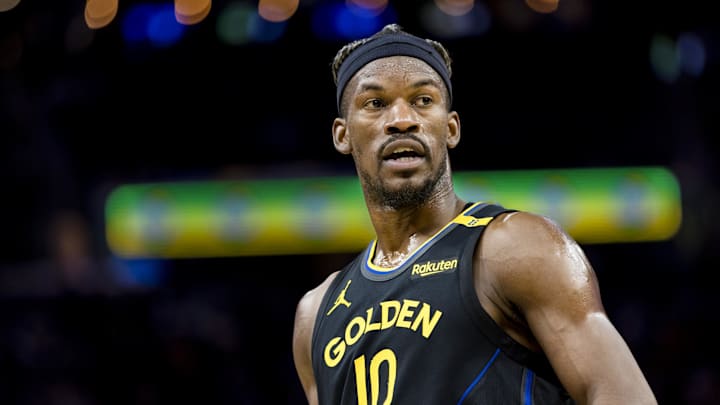 Mar 20, 2025; San Francisco, California, USA; Golden State Warriors forward Jimmy Butler III (10) during the fourth quarter against the Toronto Raptors at Chase Center. Mandatory Credit: John Hefti-Imagn Images