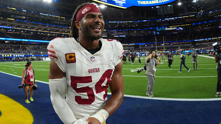 Oct 2, 2025; Inglewood, California, USA; San Francisco 49ers middle linebacker Fred Warner (54) reacts after the game against the Los Angeles Rams at SoFi Stadium. Mandatory Credit: Kirby Lee-Imagn Images