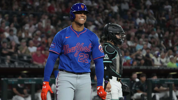 May 7, 2025; Phoenix, Arizona, USA; New York Mets outfielder Juan Soto (22) reacts after striking out against the Arizona Diamondbacks in the third inning at Chase Field. Mandatory Credit: Rick Scuteri-Imagn Images May 7, 2025; Phoenix, Arizona, USA; New York Mets outfielder Juan Soto (22) reacts after striking out against the Arizona Diamondbacks in the third inning at Chase Field. Mandatory Credit: Rick Scuteri-Imagn Images