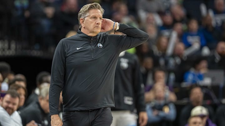 Minnesota Timberwolves head coach Chris Finch looks on against the Utah Jazz in the second half at Target Center in Minneapolis on March 16, 2025. Minnesota Timberwolves head coach Chris Finch looks on against the Utah Jazz in the second half at Target Center in Minneapolis on March 16, 2025.